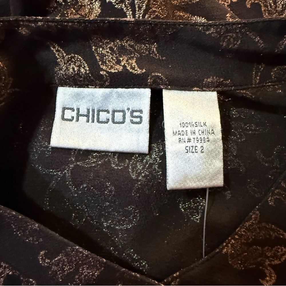 Chico’s 100% Silk Sheer Tunic Blouse Size 2 Black Bronze Floral Long Sleeve - Picture 2 of 10